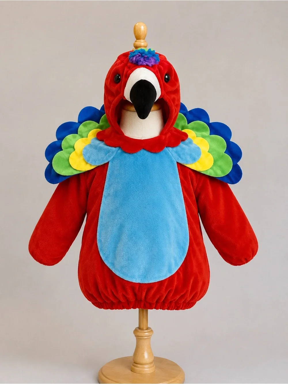 Red Parrot Kids Costume with Blue Chest and Rainbow Feather Back